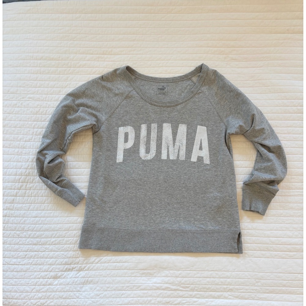 Puma Brand Womens Scoop Neck Heather Gray Distressed Light Sweatshirt L